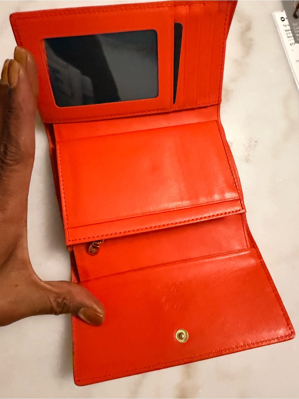 MCM Orange Leather Flap Wallet with Gold Logo - Picture 5 of 10